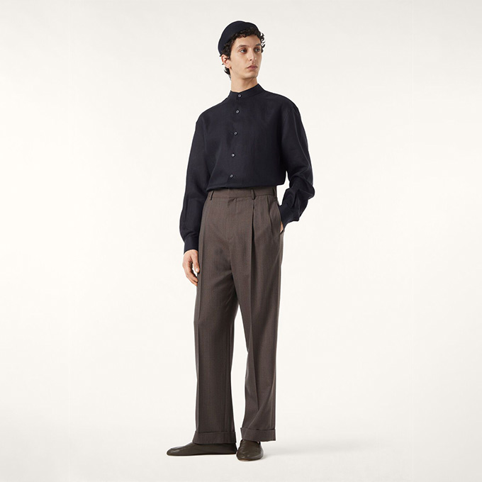 loro piana mandarin collar linen long‑sleeve shirt